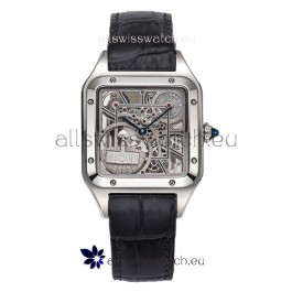 Cartier Santos Dumont Skeleton Stainless Steel Watch in Black Leather Strap 43.5MM