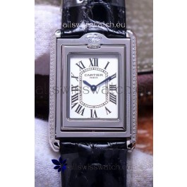 Cartier Tank Reversible Swiss Quartz Replica Watch in Steel Casing - Black Strap