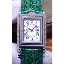 Cartier Tank Reversible Swiss Quartz Replica Watch in Steel Casing - Green Strap