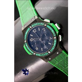 Hublot Big Bang All Black Edition in Green Strap and Baguette Diamonds Bezel