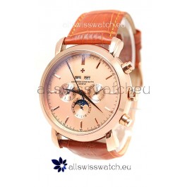 Vacheron Constantin Malte Perpetual Chronograph Japanese Replica Watch in Brown Strap
