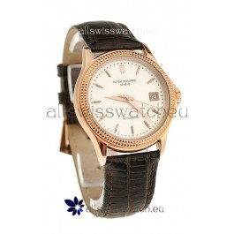Patek Philippe Geneve Replica Pink Gold Watch in White Dial 