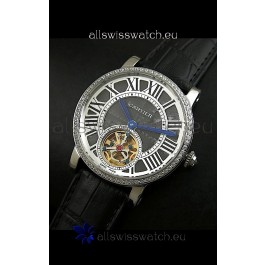 Cartier Ronde de Tourbillon Japanese Replica Diamond Watch in Black Dial