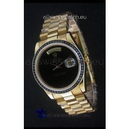 Rolex Day Date Just Japanese Replica Yellow Gold Watch in Black Dial