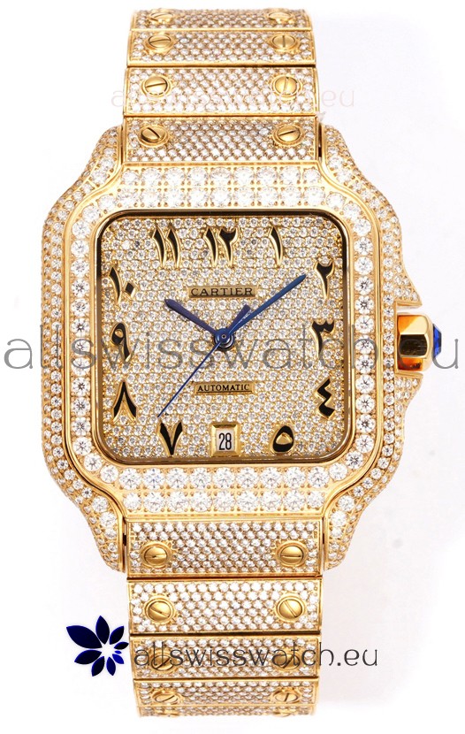 Cartier "Santos De Cartier" Yellow Gold W/ Diamonds Arabic Dial 1:1 Mirror Replica - 40MM - Genuine Diamonds
