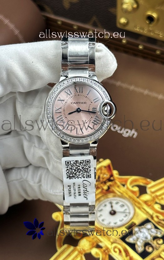 Ballon De Cartier Swiss Quartz 1:1 Mirror Quality 33MM in Steel Pink Dial 