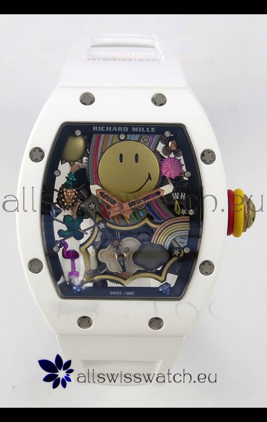 Richard Mille Super Clone RM088 Smiley Tourbillon White Ceramic Rubber Strap Watch 