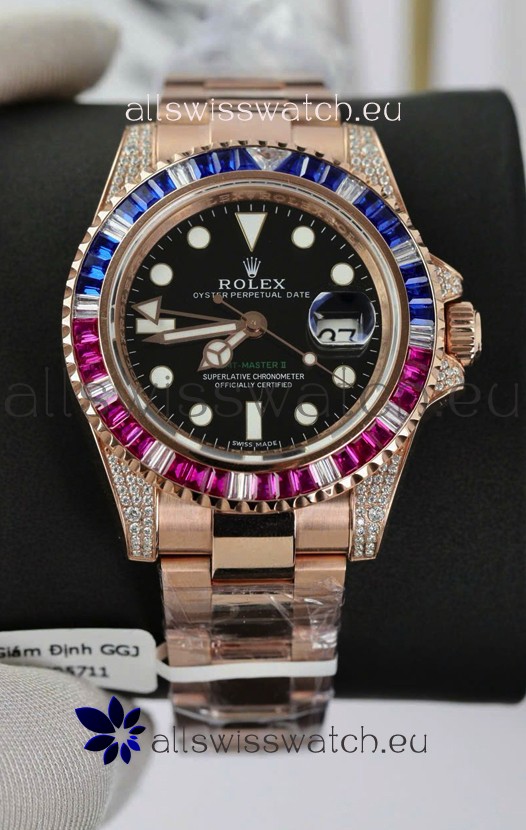 Rolex GMT Masters Super Clone Diamonds Swiss watch with Rose Gold 904L Case - 1:1 Mirror Quality