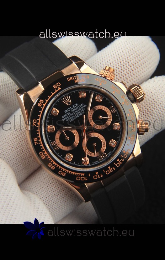 Rolex Daytona Japanese Movement Gold Casing Replica Watch in Black Dial 