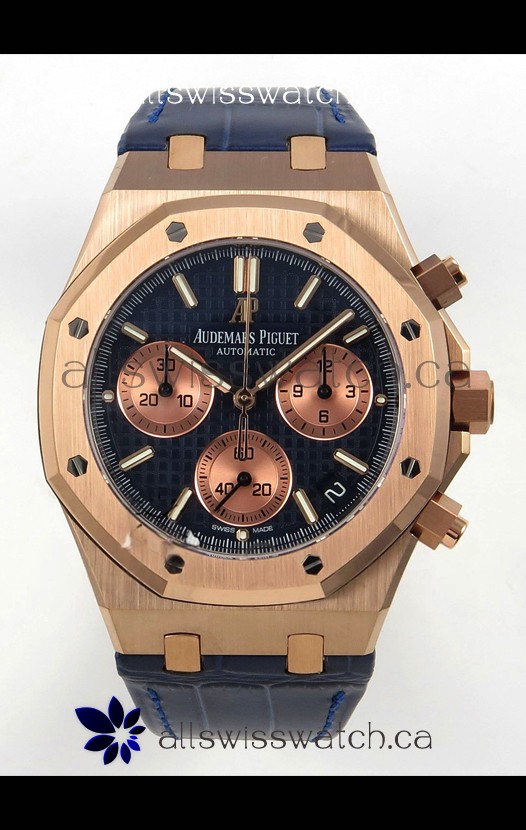 Royal Oak Chrono 26240 Rose Gold Blue Dial Leather Strap Super Clone Watch 
