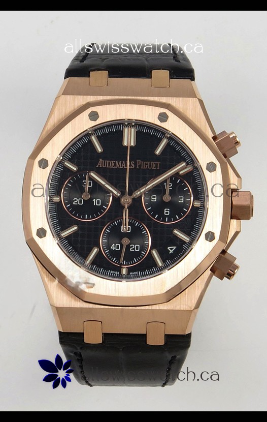 Royal Oak Chrono 26240 Rose Gold Black Dial Leather Strap Super Clone Watch 