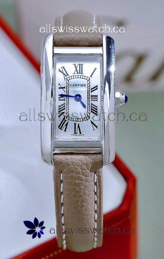 Cartier Tank Americaine Steel 19.4MM Beige Strap Swiss Quartz Watch 