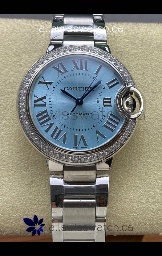 Ballon De Cartier Automatic Ice Blue Diamonds 36MM Dial Super Clone Watch 