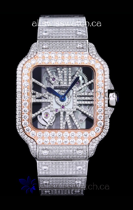 Cartier "Santos De Cartier" Skeleton moissanite Paved Super Clone Watch 