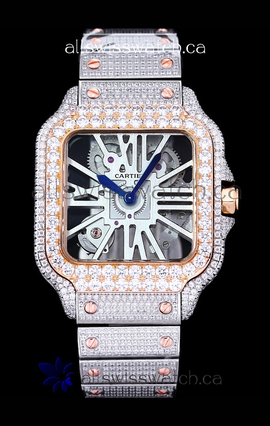 Cartier "Santos De Cartier" Skeleton moissanite Paved Super Clone Watch 