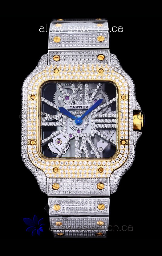 Cartier "Santos De Cartier" Skeleton moissanite Paved Super Clone Watch 