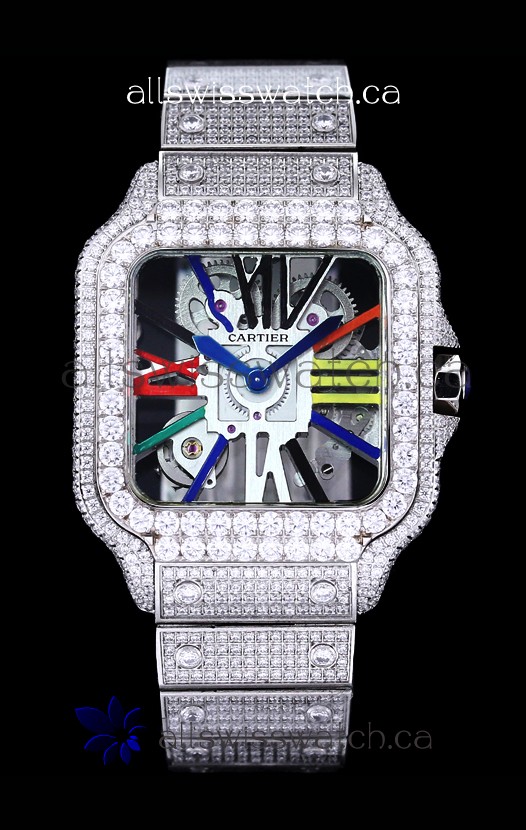 Cartier "Santos De Cartier" Skeleton moissanite Paved Super Clone Watch 