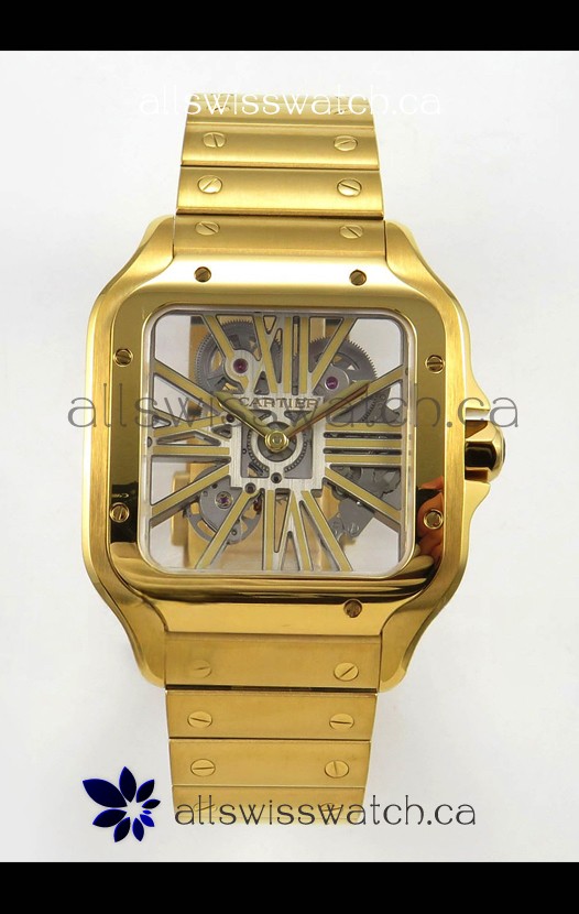 Cartier Santos Yellow Gold Skeleton Dial Super Clone Watch 