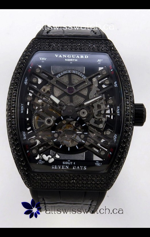 Franck Muller V45 Tourbillon Skeleton DLC Diamonds Super Clone Watch 
