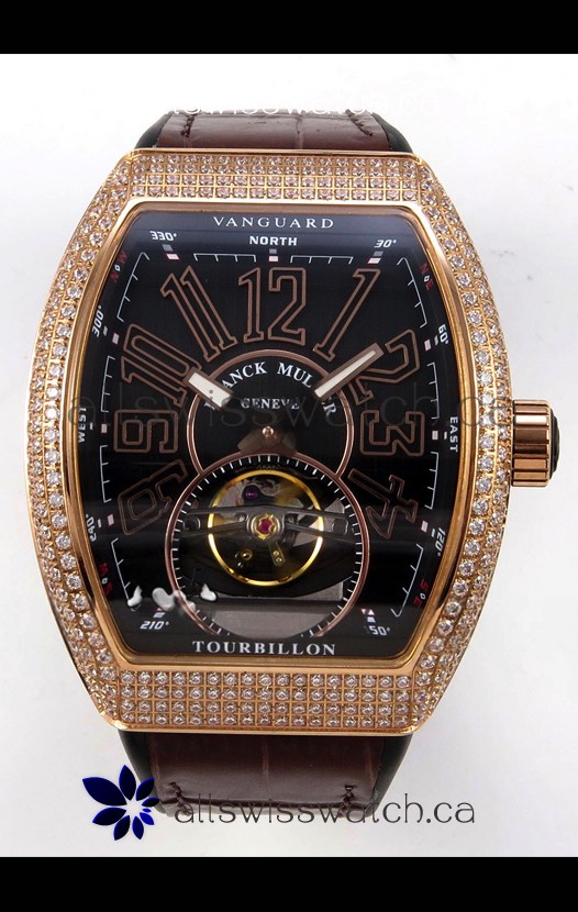 Franck Muller V45 Tourbillon Rose Gold Diamonds Brown Strap Super Clone Watch 
