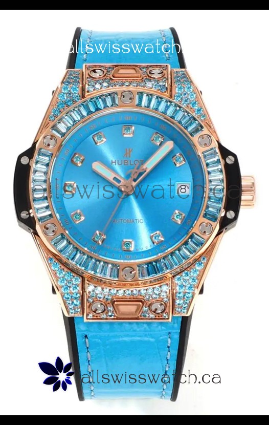 Hublot Big Bang One Click moissanite Rose Gold Super Clone Watch Blue Dial 