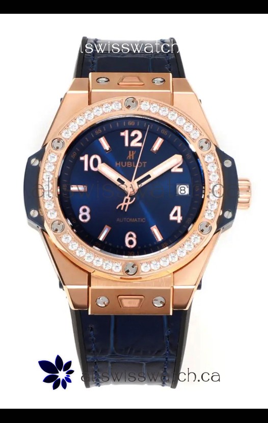 Hublot Big Bang One Click moissanite Bezel Rose Gold Super Clone Watch Blue Dial