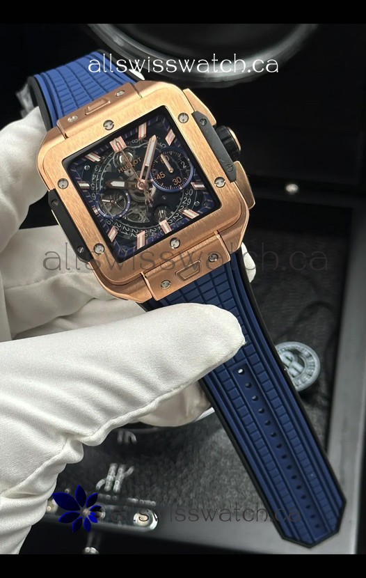 Hublot Square Bang Unico Rose Gold Case Blue Super Clone Watch 