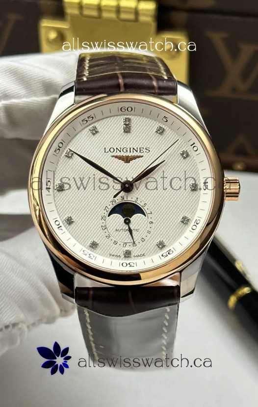 Longines Master Automatic Moonphase White Dial Rose Gold Super Clone Watch 