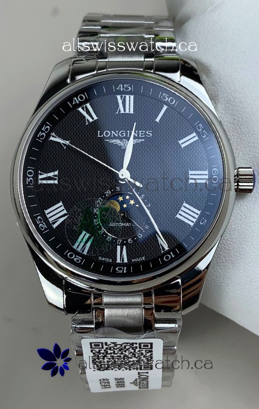 Longines Master Automatic Moonphase Black Dial Steel Case Super Clone Watch 