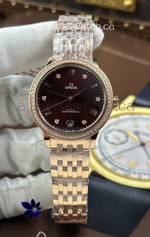 Omega De Ville Automatic 34MM Burgundy Dial Rose Gold Case Super Clone Watch 
