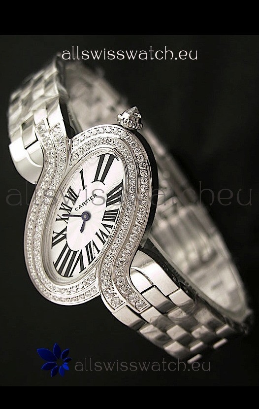 Delices De cartier Japanese Watch in Steel Strap and Diamonds Bezel