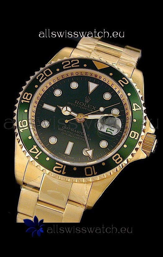 Rolex GMT Master II Swiss Replica Gold Watch in Green Bezel