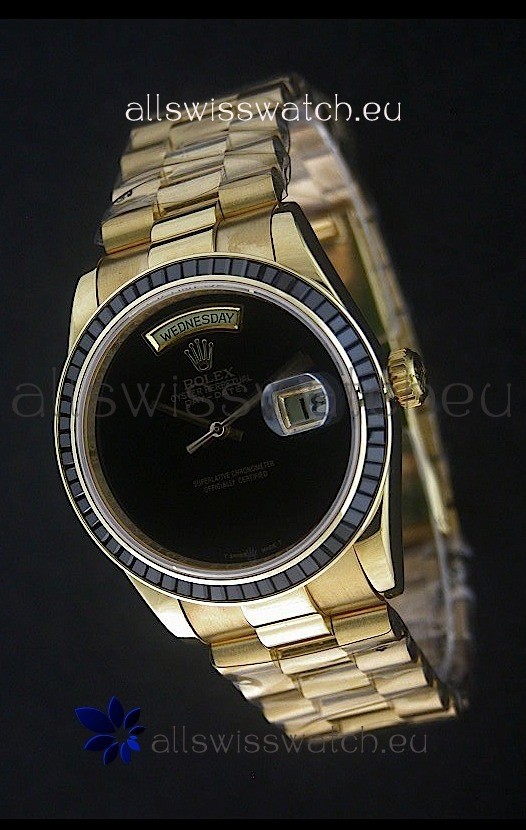 Rolex Day Date Just swiss Replica Yellow Gold Watch in Black Dial