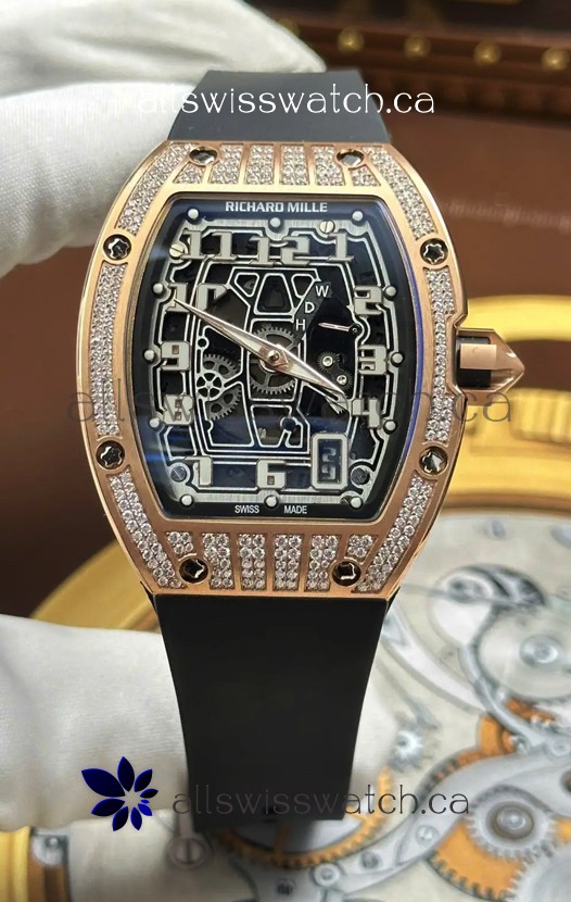 Richard Mille RM67-01 Extra-Flat Rose Gold Diamonds Studded Super Clone Watch 