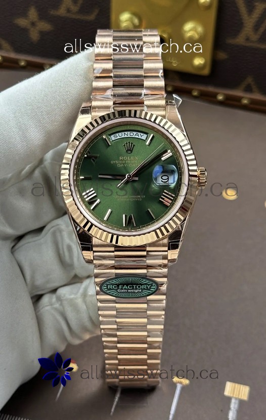 Rolex Day Date 228236 Rose Gold Green Roman Dial Super Clone Watch 
