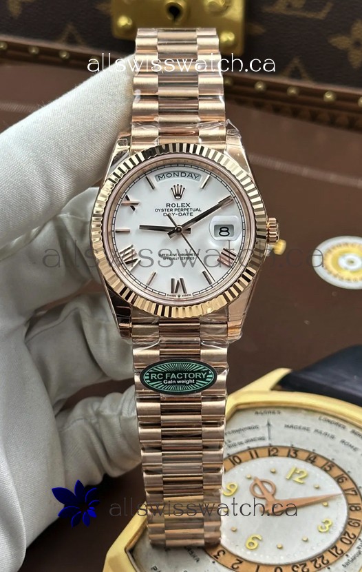 Rolex Day Date 228236 Rose Gold White Roman Dial Super Clone Watch 
