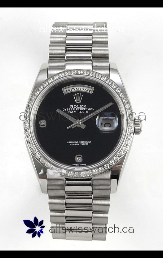 Rolex Day Date Black Dial Diamonds Bezel 36MM Swiss Replica Watch 