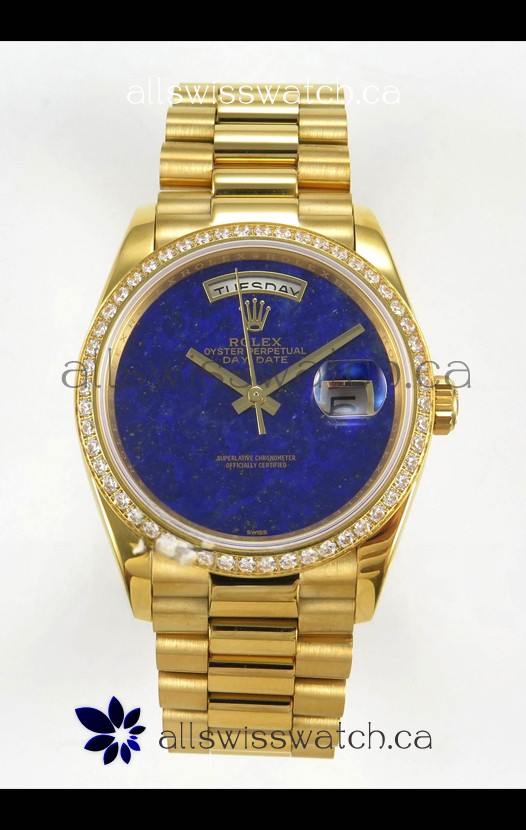 Rolex Day Date Yellow Gold Blue Lapis Dial Diamonds Bezel 36MM Swiss Replica