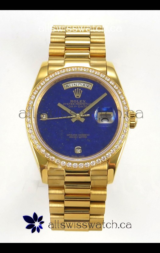 Rolex Day Date Yellow Gold Blue Lapis Dial Diamonds Bezel 36MM Swiss Replica
