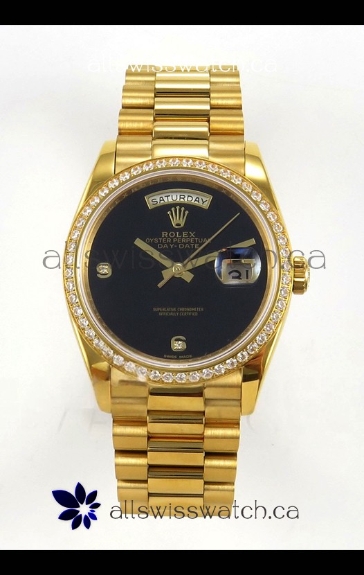 Rolex Day Date Yellow Gold Black Dial Diamonds Bezel 36MM Swiss Replica