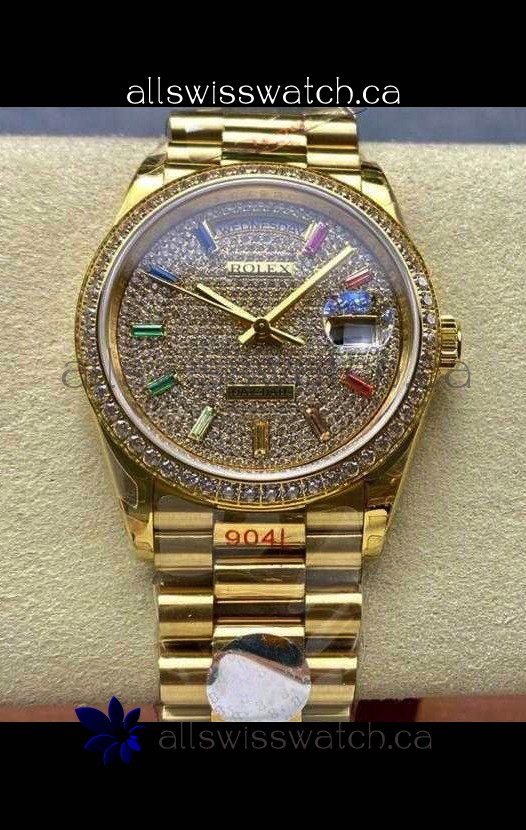 Rolex Day Date 128348RBR Yellow Gold Diamonds Dial Super Clone Watch 