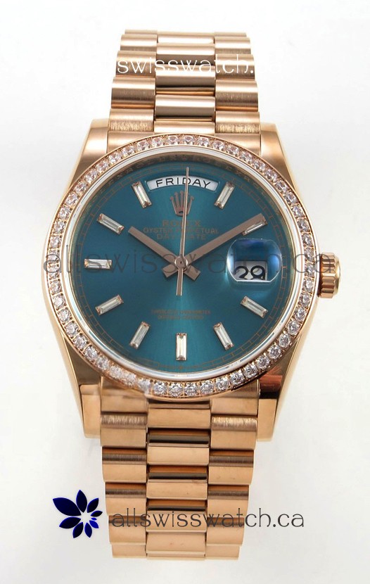 Rolex Day Date 128345 Rose Gold Green Crystal Dial Diamonds Bezel Super Clone Watch 