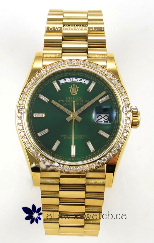 Rolex Day Date 128348 Yellow Gold Green Crystal Dial Diamonds Bezel Super Clone Watch 