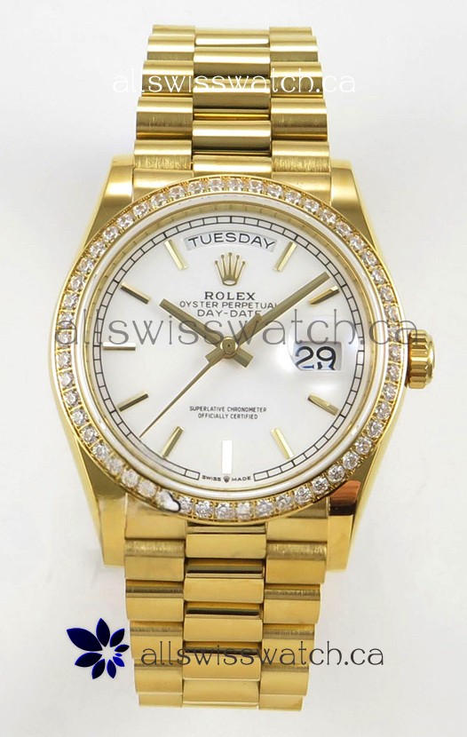Rolex Day Date 128348 Yellow Gold White Dial Diamonds Bezel Super Clone Watch 