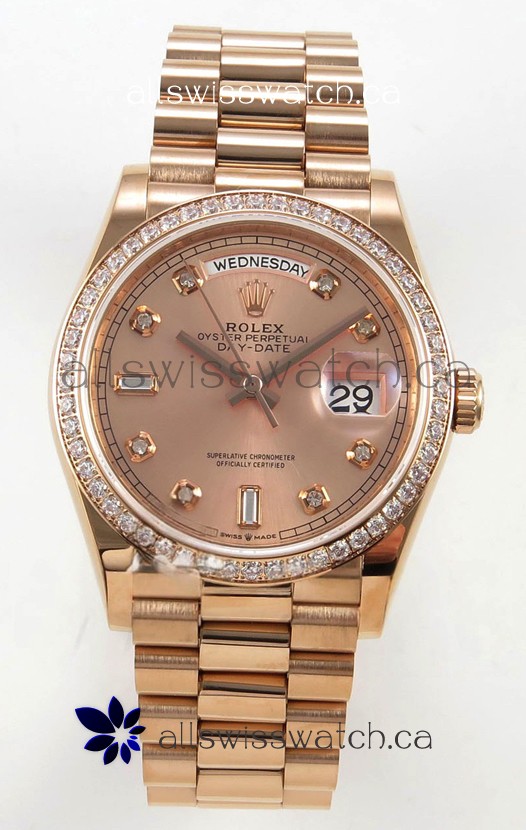 Rolex Day Date 128345 Rose Gold Diamonds Dial Super Clone Watch 