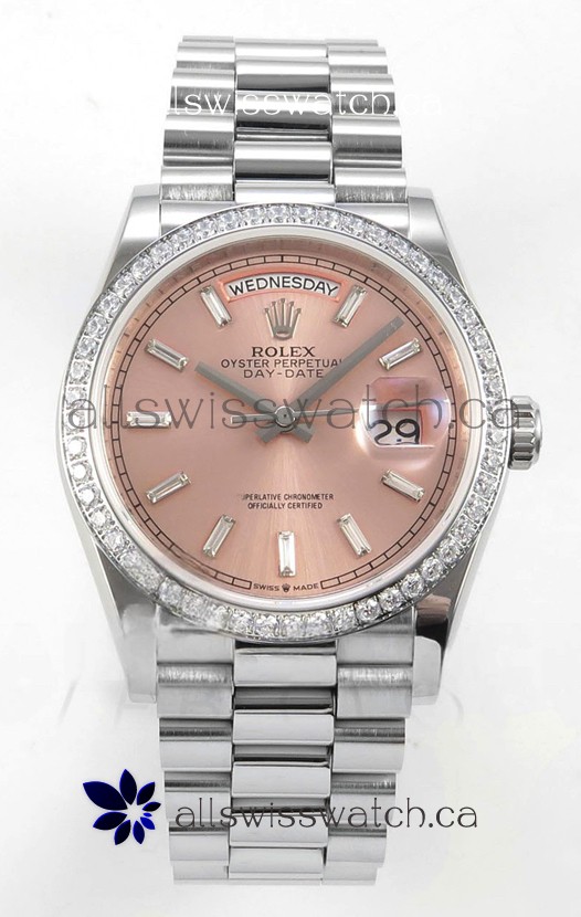 Rolex Day Date 128349 Stainless Steel Pink Crystal Dial Super Clone Watch 
