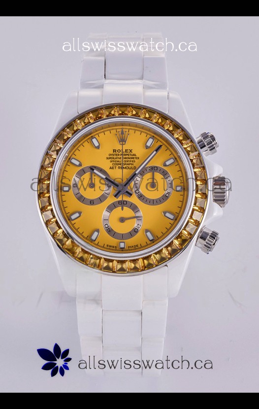 Rolex Daytona AET White Ceramic Yellow Dial 4130 Movment Super Clone Watch 