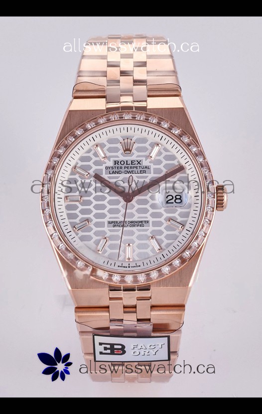 Rolex Land-Dweller 127336 Steel Honeycomb Dial Diamonds Rose Gold 40MM Super Clone Watch 