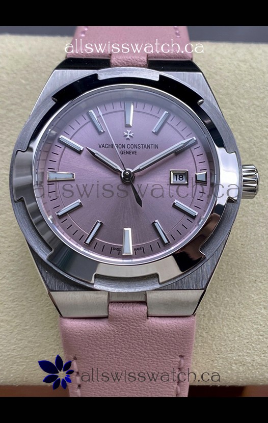 Vacheron Constantin Overseas 35MM Pink Dial Leather Strap Super Clone Watch 