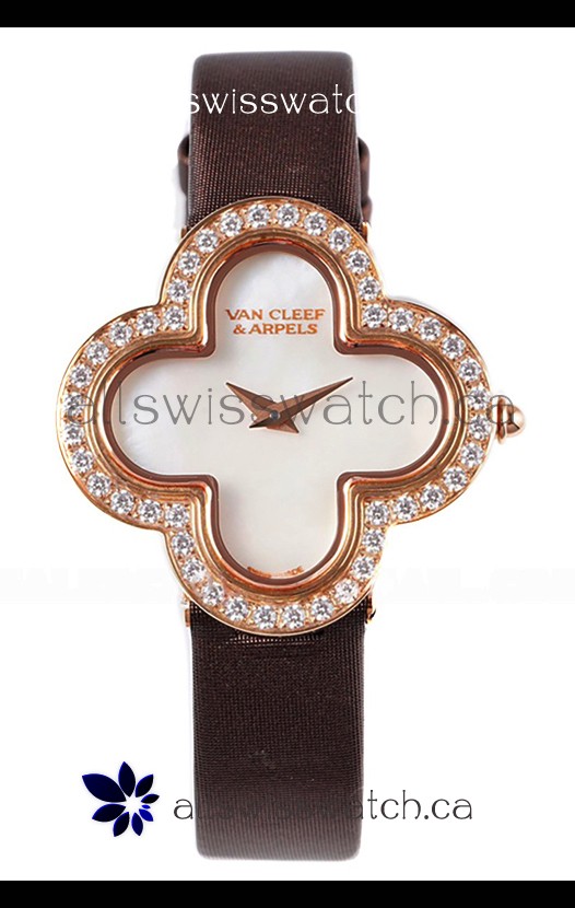Van Cleef & Arpels Alhambra Rose Gold Diamonds Bezel Black Strap Watch 